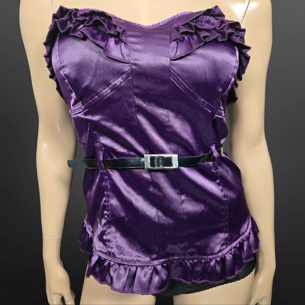 Y2K Purple Satin Bustier Top Womens Size M Whimsigoth McBling Ruffled Belted